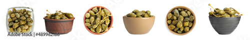 Set with pickled capers on white background. Banner design