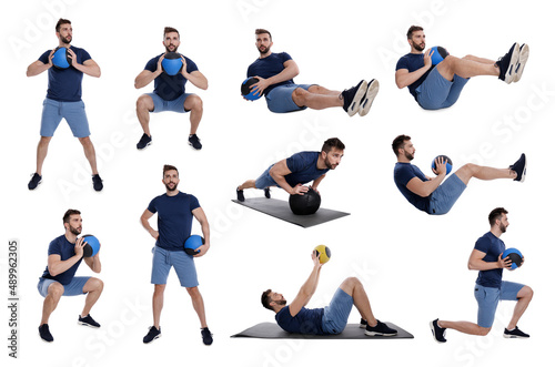 Athletic man doing different exercises with medicine ball on white background  collage