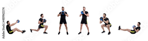 Athletic man doing different exercises with medicine ball on white background, collage. Banner design