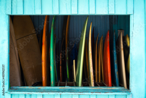 Photography Set of colorful surfboards for rent or sell