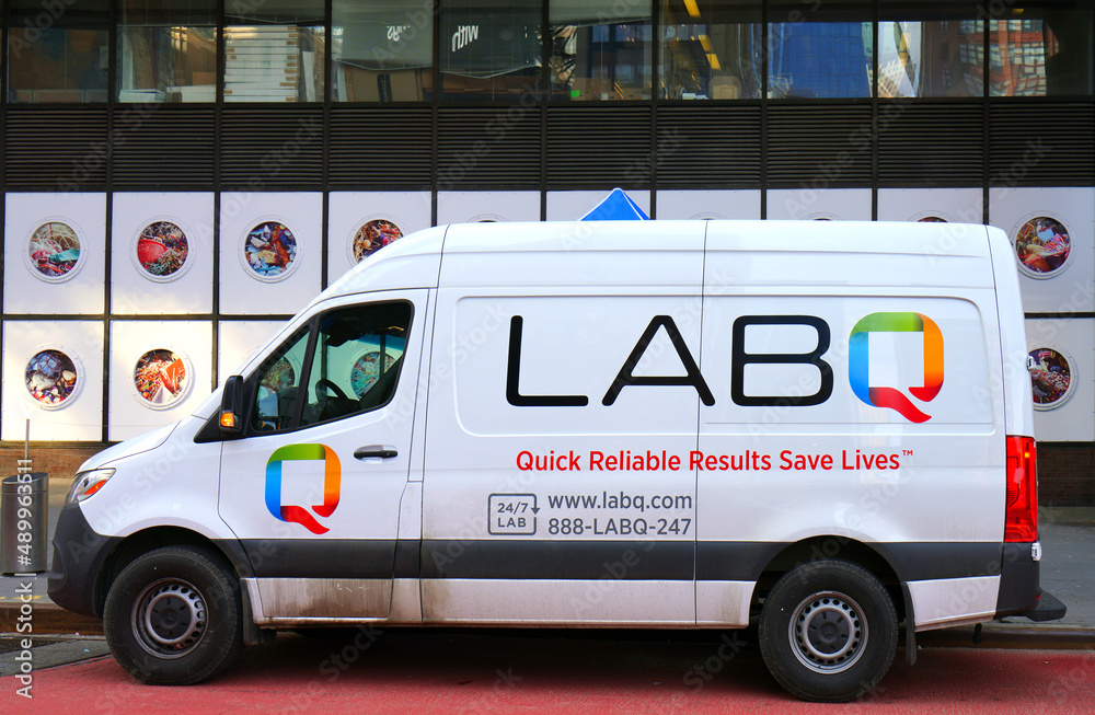 NEW YORK CITY, NY 20 FEB 2022 View of a LabQ COVID19 testing van on