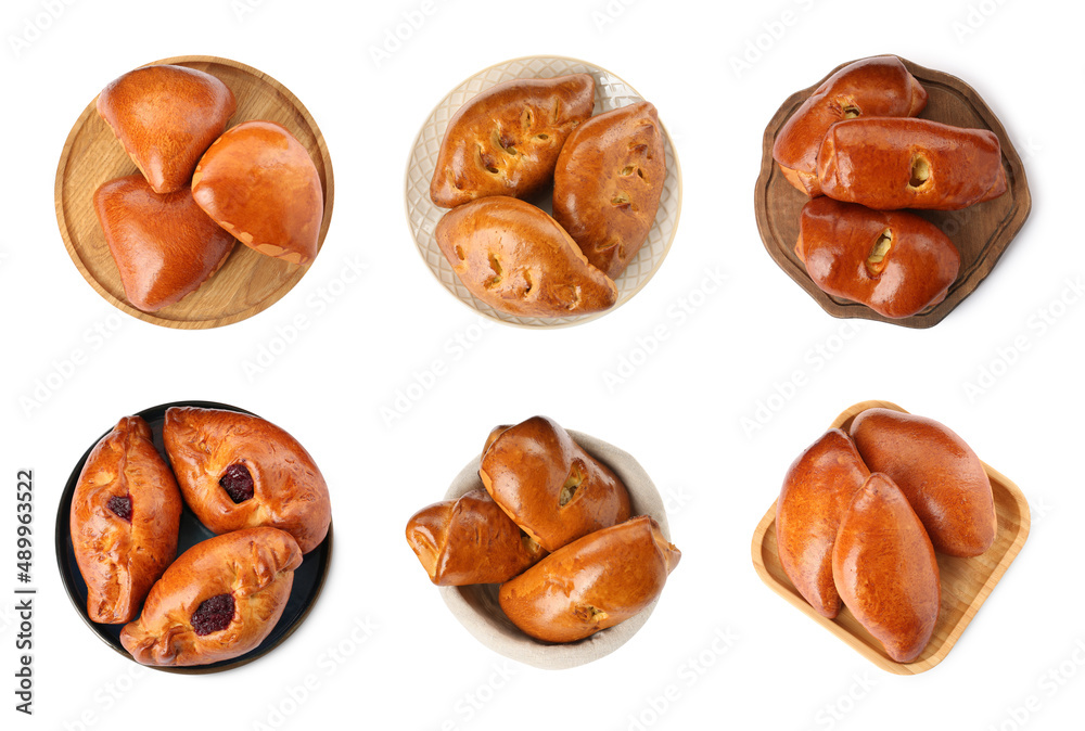 Set with delicious baked patties on white background, top view Set with delicious baked patties on white background, top view