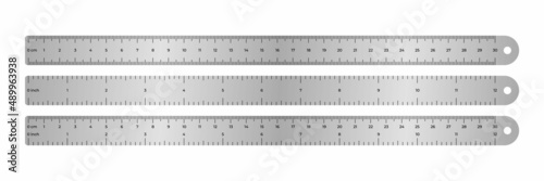 Vector illustration metal tape rulers 30 cm and 12 inches isolated on white background. Set of realistic school metallic measuring rulers in flat style. Double sided measurement in centimeter and inch