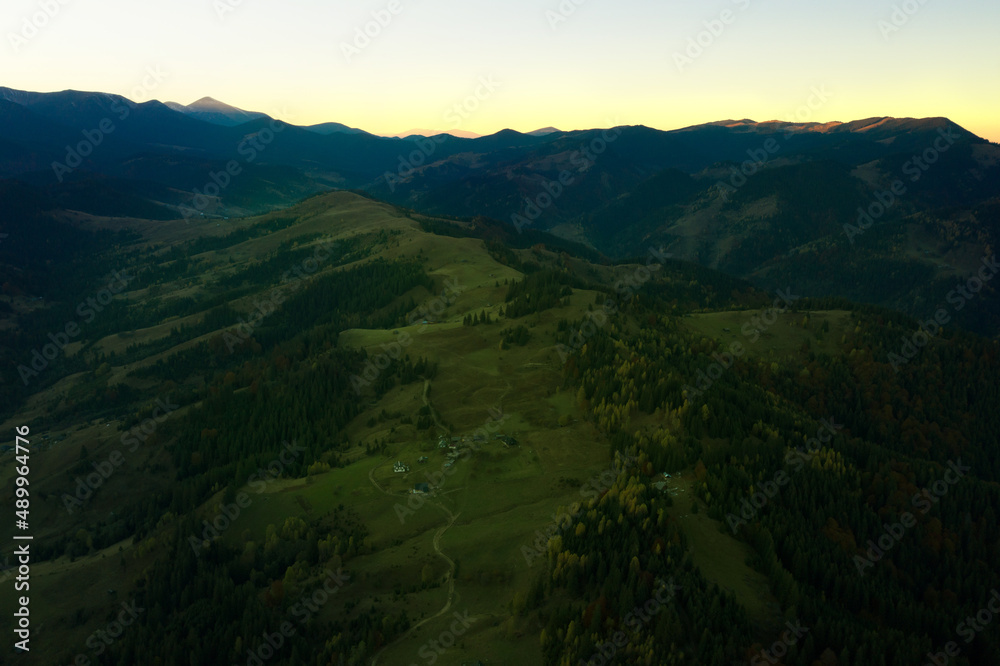 Fototapeta premium Beautiful mountains and forest in morning. Drone photography