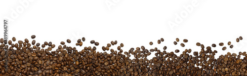 Many roasted coffee beans on white background, top view. Banner design