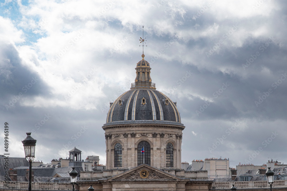 Exterior architecture of the Institut de France in Paris with the roofs