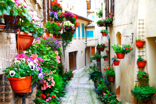 Charming floral narrow streets of typical italian villages. Spello in Umbria - famous with fllower decorated walls. Italy © Freesurf