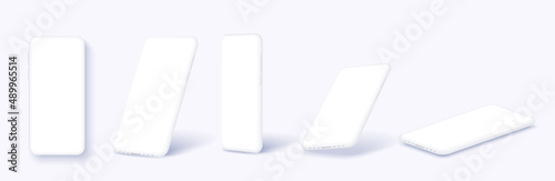 A white smartphone. Device UI, UX, mockup for presentation template. Realistic 3d mobile phone in different angles, frameless empty mobile phones. 3d isometric illustration cell phone