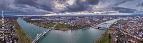 Drone panorama over the Rhain and the French city of Strasbourg during the day with cloudy sky