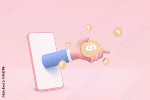 3D money coin hand holding on smartphone background. holding money in business hand concept, online payment on mobile. 3d vector render concept. finance, investment, money saving on hand isolated