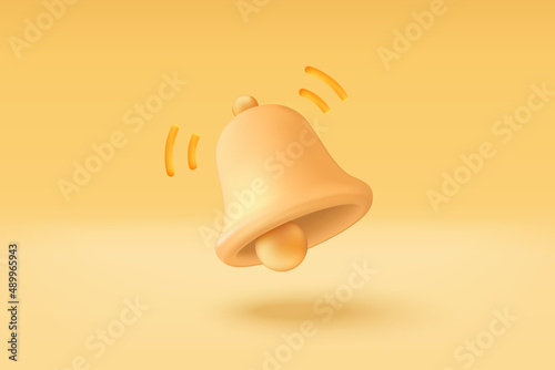 3D minimal notification bell icon in yellow pastel background. new alert concept for social media element. 3d bell alarm vector render isolated on pastel background