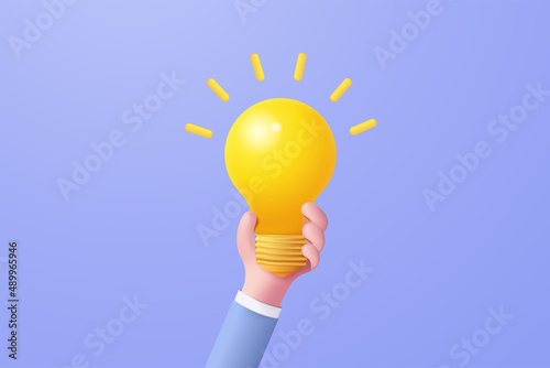 3D idea make money with lamp on hand holding in background. growing business isolated concept, 3d bulb vector render for finance, investment, light bulb in hand like idea make earning concept