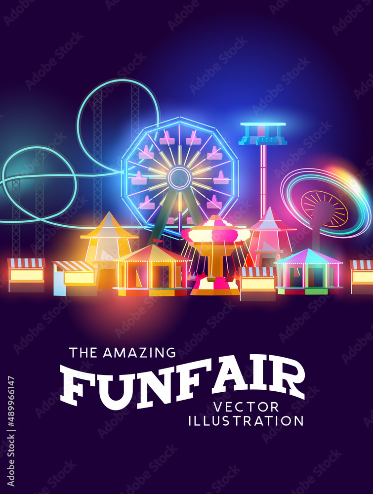 Neon glowing funfair rides and attractions, Vector amusement park. - obrazy, fototapety, plakaty 