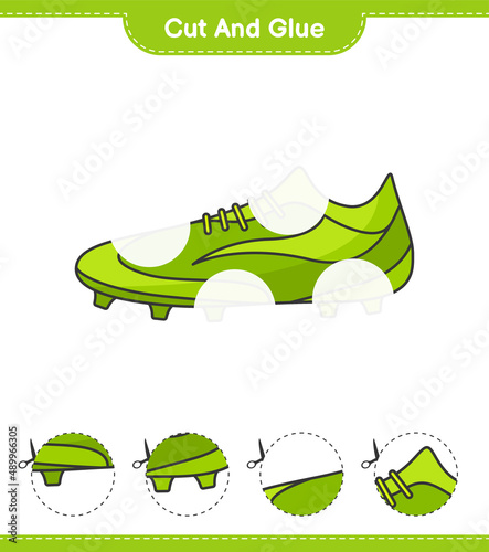 Cut and glue, cut parts of Soccer Shoes and glue them. Educational children game, printable worksheet, vector illustration
