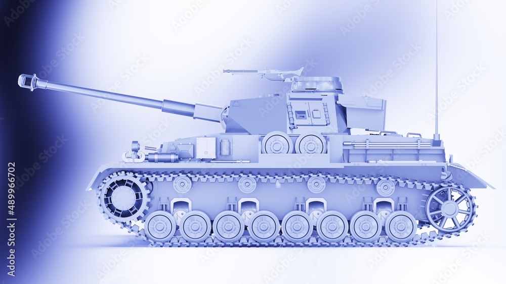 Metallic military silver painting tank on blue-black lighting background. Concept image of power strength, dynamic strategy and strong system. 3D illustration. 3D high quality rendering.  