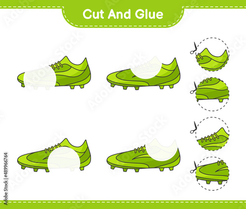 Cut and glue, cut parts of Soccer Shoes and glue them. Educational children game, printable worksheet, vector illustration