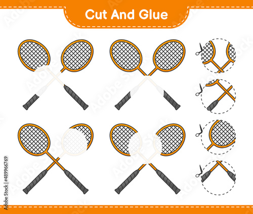 Cut and glue, cut parts of Badminton Rackets and glue them. Educational children game, printable worksheet, vector illustration