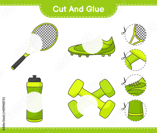 Cut and glue, cut parts of Water Bottle, Tennis Racket, Soccer Shoes, Dumbbell and glue them. Educational children game, printable worksheet, vector illustration