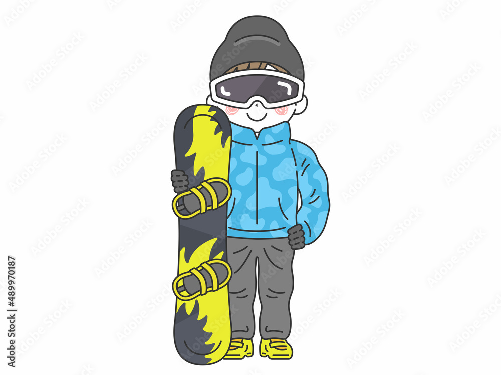 スノーボードを持った、ゴーグルをした男性のイラスト スノーボードを持った、ゴーグルをした男性のイラスト