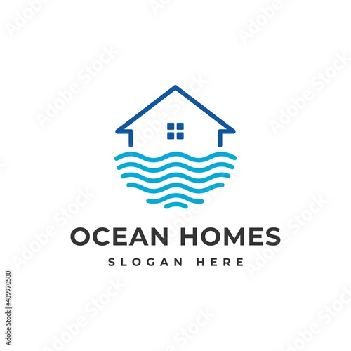Ocean home sea wave coast house logo vector 