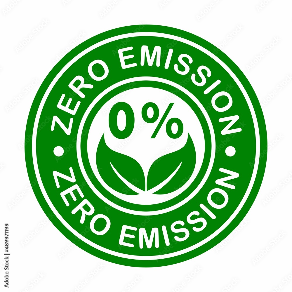 Zero emission vector badge template. This design use leaf symbol Stock