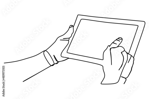 One continuous line drawing of hand holding tablet computer or smartphone. Modern simple line draw design. Vector illustration minimalism design smart mobile technology theme.