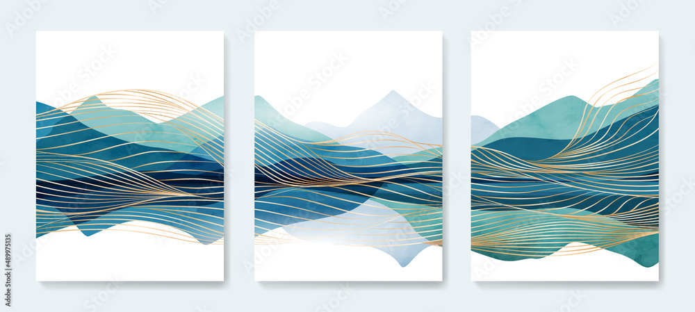 Landscape white background with blue mountains and hills with golden abstract lines waves. Set of art posters for decoration, wallpaper, design