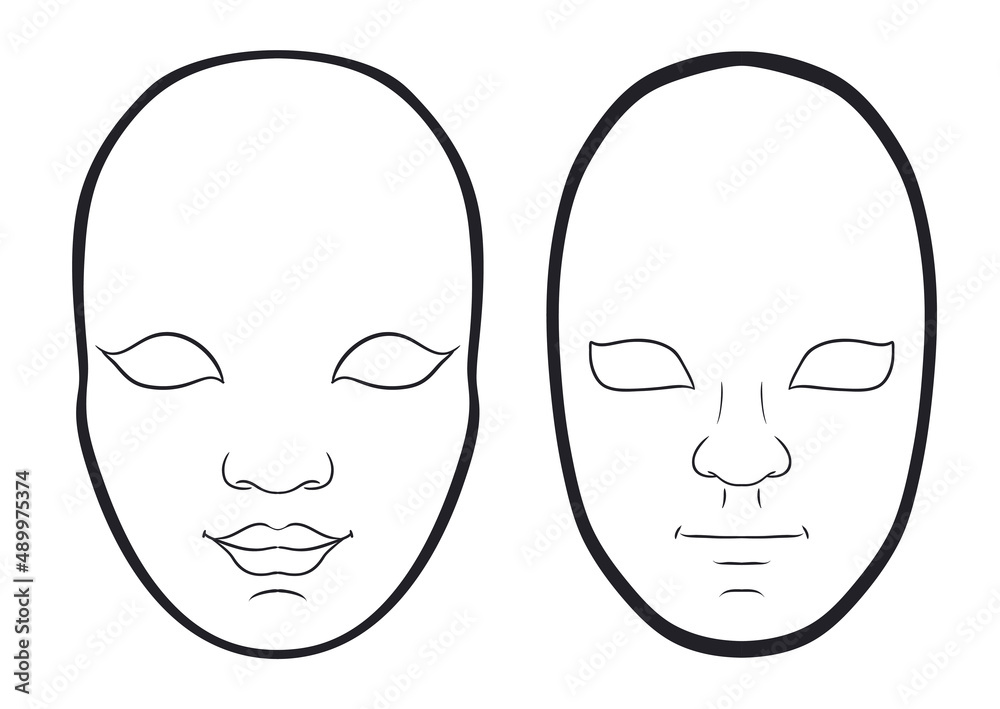 Male and female faces for masks crafting in outlines, Vector illustration