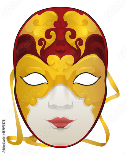 Red and golden Volto mask for Venetian Carnival, Vector illustration photo