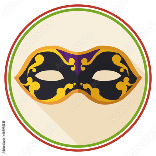 Venetian Colombina half-mask over button in flat style, Vector illustration