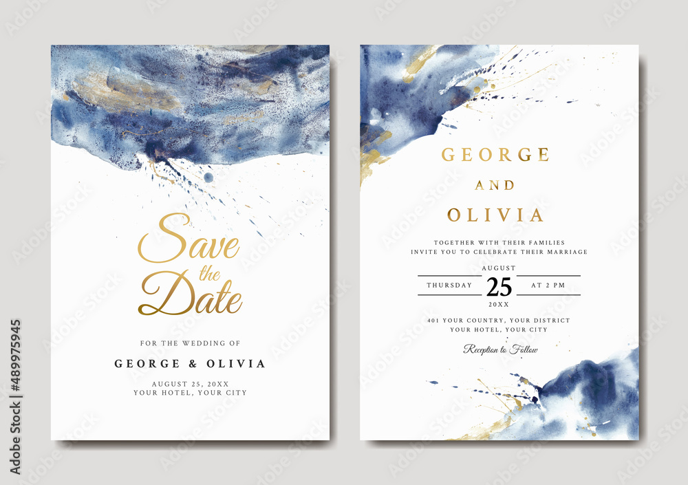 Blue and gold abstract watercolor wedding invitation template