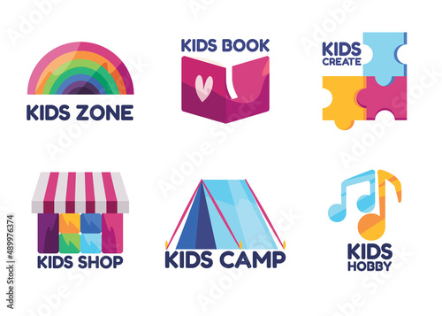 Colorful symbols of kids world likes rainbow for kids zone books icon book tent camp shop puzzle create musical notation hobby modern cartoon