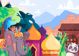 Colorful illustration tourism in Himalaya China and India kids riding elephant panda bamboo and architecture landmark