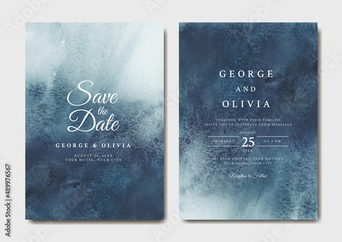 Watercolor wedding invitation of indigo blue abstract