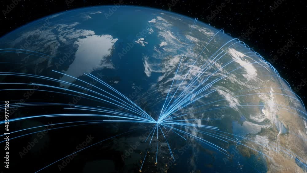 Earth in Space. Blue Lines connect London, UK with Cities across the World. Global Travel or Business Concept.