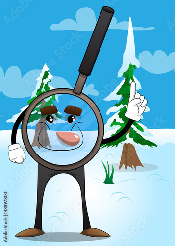 Magnifier making a point. Cartoon Character science research object, analysis, business, examination, optics concept.