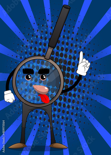 Magnifier making a point. Cartoon Character science research object, analysis, business, examination, optics concept.
