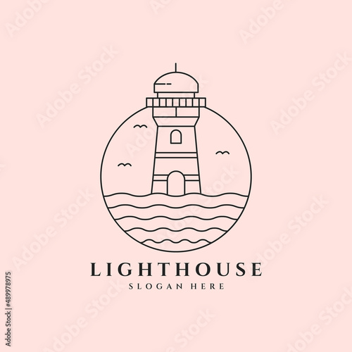 lighthouse line art logo with the water and birds vector symbol illustration design