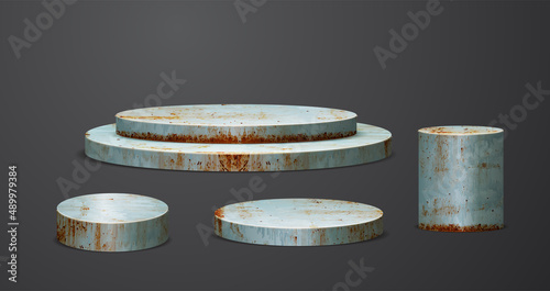 Rusty metal podium product display, Platforms presentation mock up show cosmetic stage pedestal design, Vector illustration