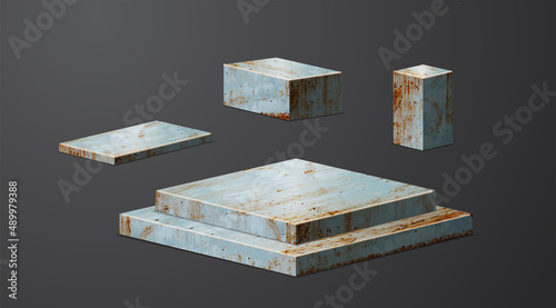 Rusty metal podium product display, Platforms presentation mock up show cosmetic stage pedestal design, Vector illustration