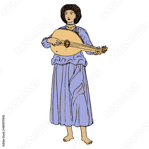 Standing medieval musician playing lute. Hand drawn colorful rough sketch.