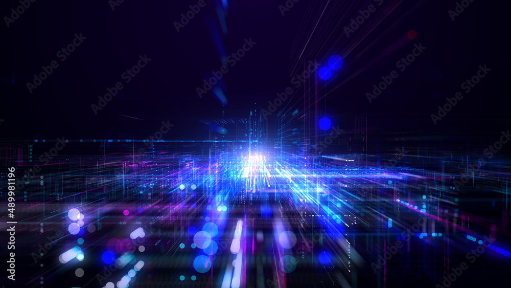 Digital Cyberspace with Line Neon Light, Network Connections, Technology Digital Abstract Background 3d rendering