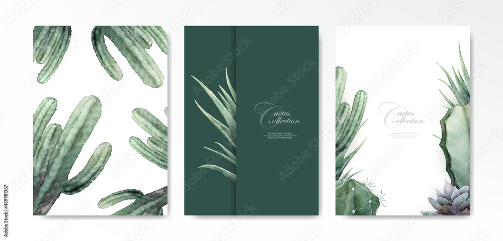 Watercolor cactus template background vector design set 2