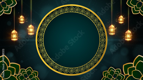 Green and gold color Eid mubarak islamic design concept with hanging ramadan candle lantern, Abstract background 3d rendering