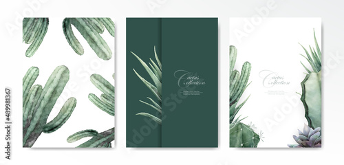 Watercolor cactus template background vector design set 2