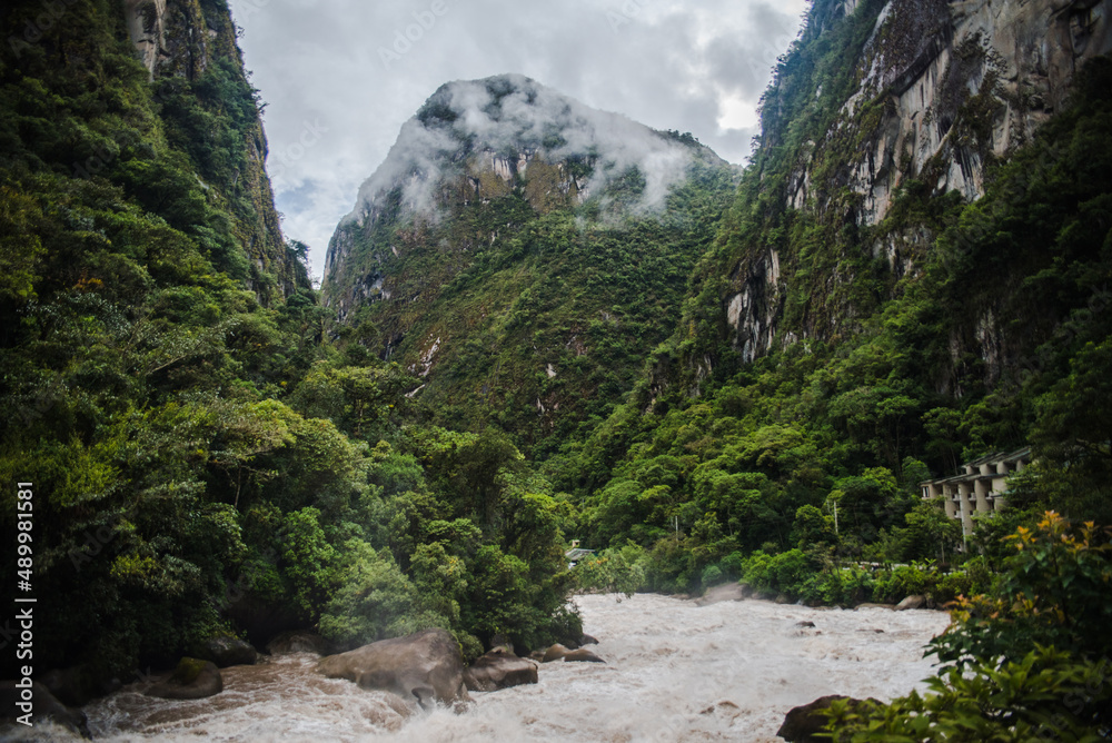 The Urubamba River running through the town of Aguas Calientes in Peru. 
