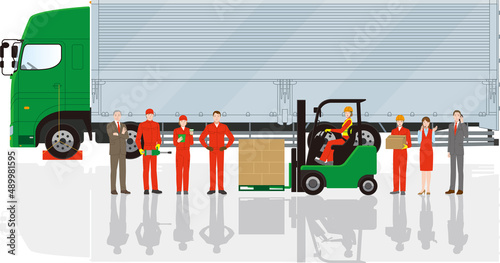 大型トラックとドライバーと整備士と検査員とフォークリフトの物流会社イメージ