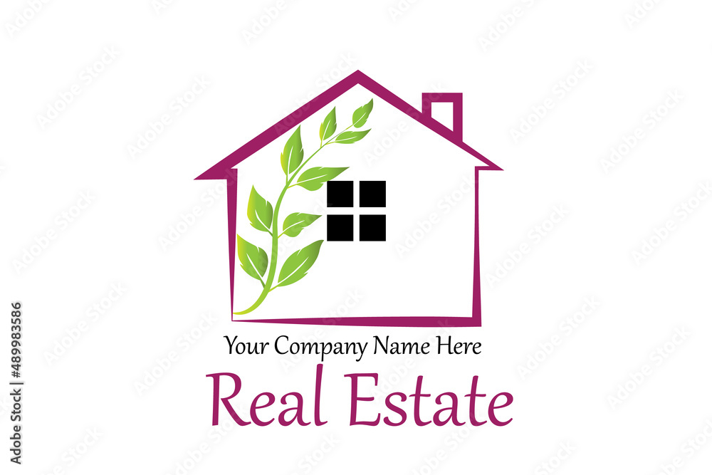 Logo real estate house with a beautiful green leaf company business  id card vector image design