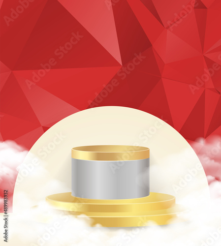 3D vector abstract podium, pedestal, plaque, cylinder steps of a round gold frame. The concept of minimalistic layout, empty space and space. Mock Up. on red background abstract polygon