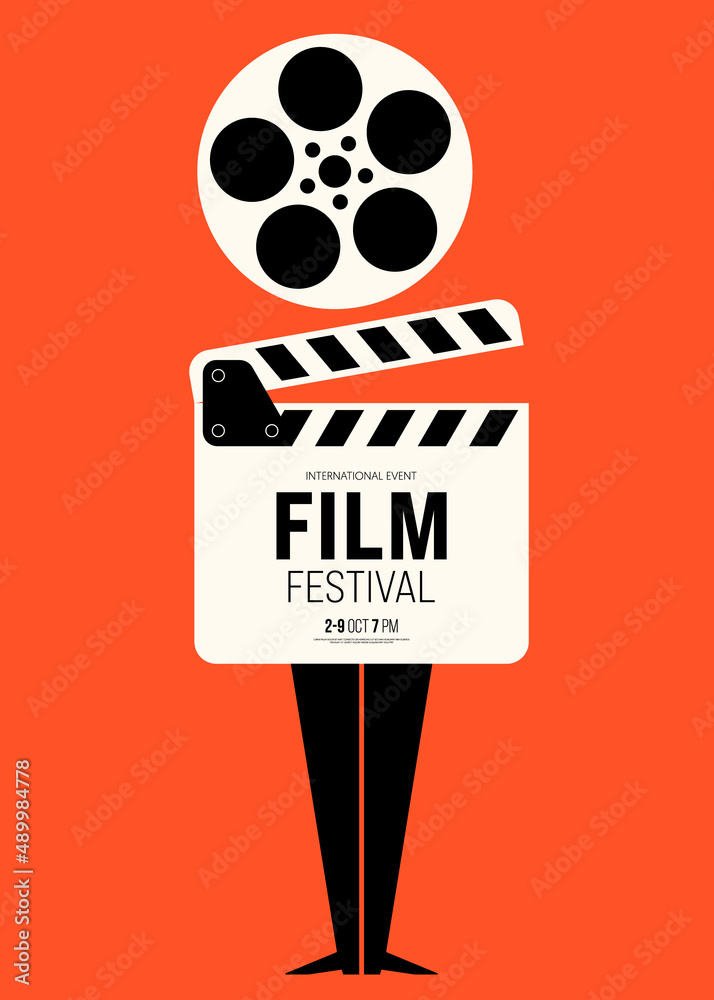 Movie poster design template background with vintage film reel